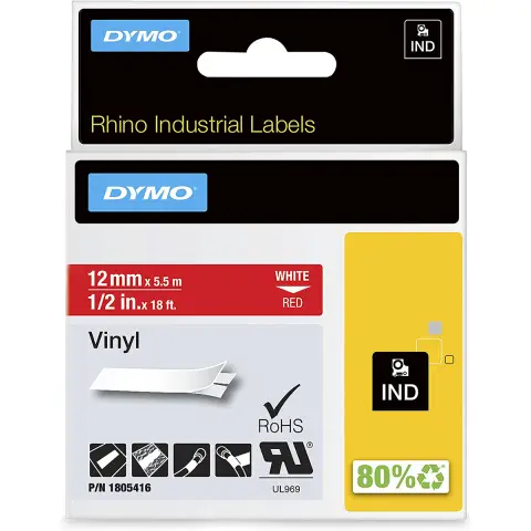 Dymo RHINO taĹ›ma winylowa 12 mm biaĹ‚a na czerwonym